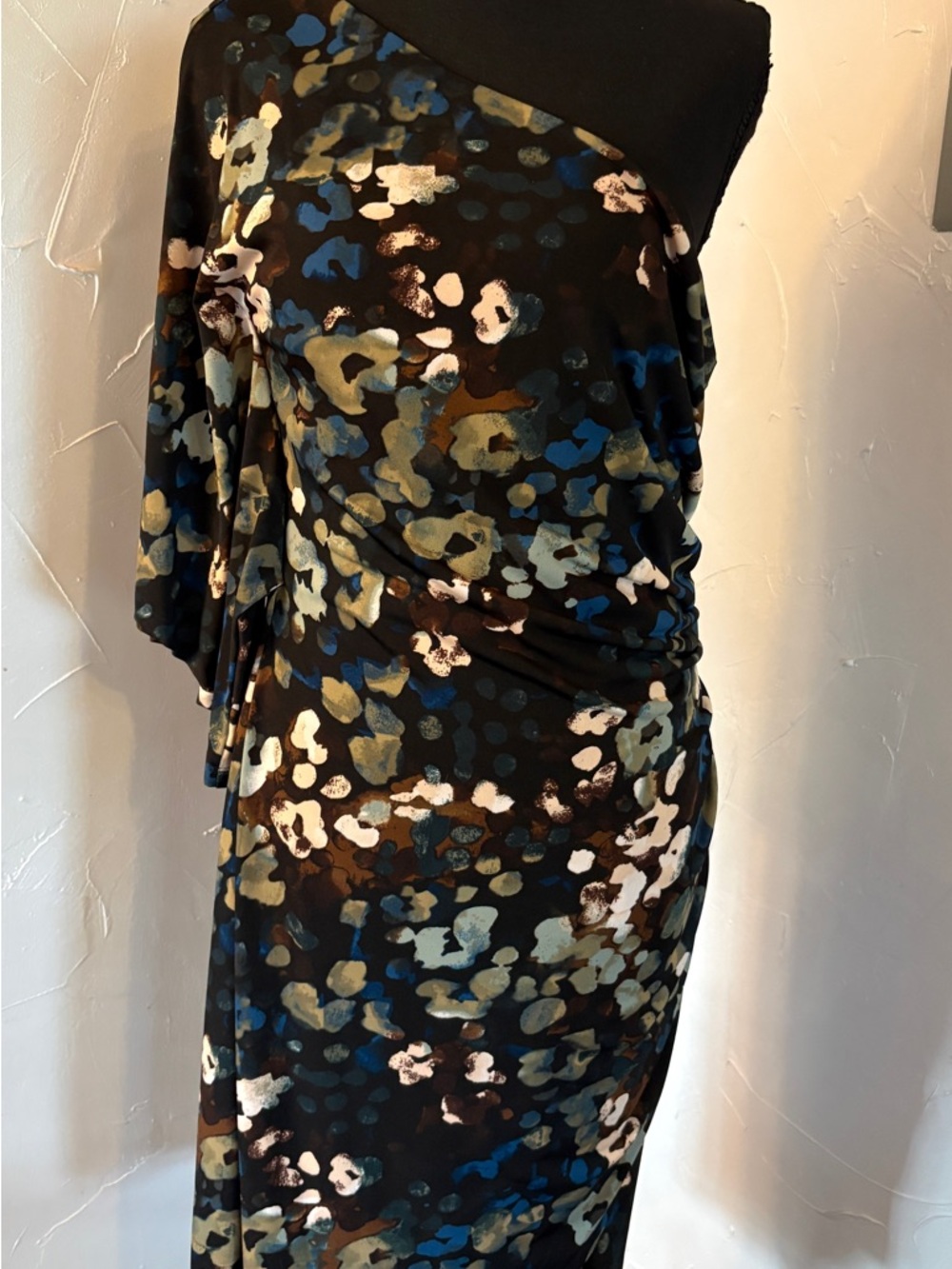 Enfocus Studio One-Shoulder Black Floral-Print Dress with Blue & Tan Accents